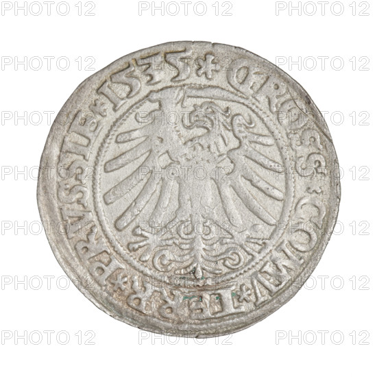 Prussian grosz, Sigismund I the Old (King of Poland; 1506–1548). Obverse: Crowned male bust in profile turned to the right; in the rim between the pearl borders an inscription: .SIGIS.I.REX.PO.DO.TOCI.PRVSSIE. Reverse: The Eagle of Royal Prussia; in the rim between the pearl borders the inscription: .GROSS.COMV.TERR.PRVSSIE.1535. 1535, Torun, Poland. Coin; diameter 24.4–24.9 mm, weight 1.6 g.