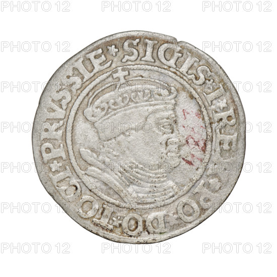 Prussian grosz, Sigismund I the Old (King of Poland; 1506–1548). Obverse: Crowned male bust in profile turned to the right; in the rim between pearly borders an inscription: .SIGIS.I.RE, .PO.DO.TOCI.PRVSSIE. Reverse: The Eagle of Royal Prussia; in the rim between the pearl borders the inscription: .GRO, COMV.TERR.PRVSSIE. 1535. Torun, Poland. Coin; diameter 23.8–24.0 mm; weight 2.2 g.