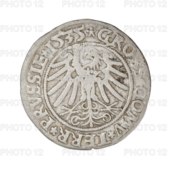Prussian grosz, Sigismund I the Old (King of Poland; 1506–1548). Obverse: Crowned male bust in profile turned to the right; in the rim between pearly borders an inscription: .SIGIS.I.RE. PO.DO.TOCI.PRVSSIE. Reverse: The Eagle of Royal Prussia; in the rim between pearly borders the inscription: .GRO. COMV.TERR.PRVSSIE. 1535. Torun, Poland. Coin; diameter 23.8–24.0 mm; weight 2.2 g.