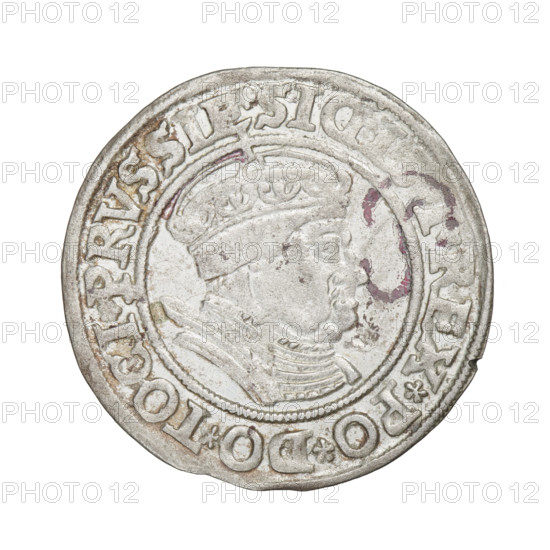 Prussian grosz, Sigismund I the Old (King of Poland; 1506–1548). Obverse: crowned male bust in profile turned to the right; in rim between pearl borders inscription: .SIGI, .I.REX.PO.DO.TOCI.PRVSSIE. Reverse: the Eagle of Royal Prussia; in rim between pearl borders inscription: GROS., MV.TERR.PRVSSIE. Date: 1535, Torun, Poland. Materials/style: coin; Jagiellonian dynasty, coats of arms, Eagle (coat of arms), royal bust, male busts. Diameter: 23.8–24.5 mm. Weight: 1.99 g.