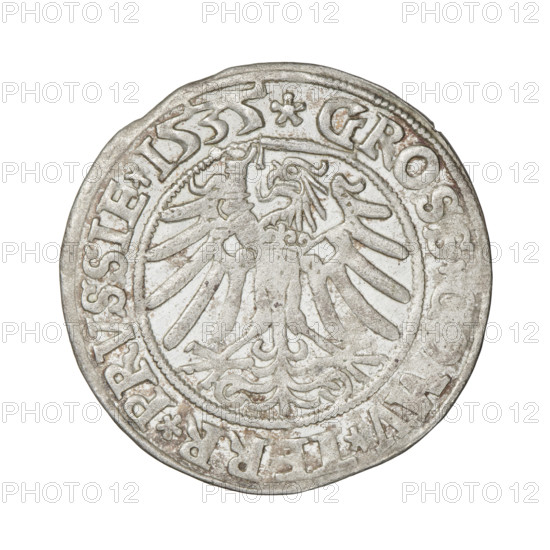 Prussian grosz, Sigismund I the Old (King of Poland; 1506–1548). Obverse: Crowned male bust in profile turned to the right; in the rim between the pearl borders an inscription: .SIGI, .I.REX.PO.DO.TOCI.PRVSSIE. Reverse: The Eagle of Royal Prussia; in the rim between the pearl borders the inscription: GROS, ., MV.TERR.PRVSSIE. 1535. Torun, Poland. Coin; diameter 23.8–24.5 mm; weight 1.99 g. Subjects: eagles, Polish coins, Jagiellonians (dynasty), coats of arms, Eagle (coat of arms), male/royal bust, iconography of Sigismund I the Old.