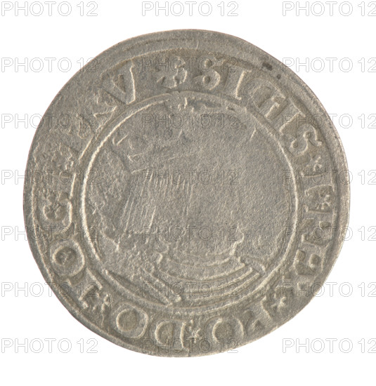Gdansk grosz, Sigismund I the Old (King of Poland; 1506–1548). Obv.: Crowned male bust in profile turned to the right; in the rim between pearl-shaped borders an inscription: .SIGIS.I.REX.PO.DO.TOC,V. Rev.: Coat of arms of Gdansk; in the rim between the pearl borders the inscription: GRO.VS.CIVI.DANCZ.1530. Date: 1530. Poland, Gdansk. Coin. Diameter 22.6–22.8 mm. Weight 2.08 g.
