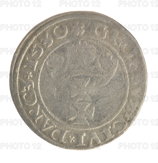 Gdansk grosz, Sigismund I the Old (King of Poland; 1506–1548). Obv.: Crowned male bust in profile turned to the right; in the rim between pearl-shaped borders an inscription: .SIGIS.I.REX.PO.DO.TOC. Rev.: Coat of arms of Gdansk; in the rim between the pearl borders the inscription: GRO,VS.CIVI.DANCZ.1530. Date: 1530. Poland, Gdansk. Coin. Diameter 22.6–22.8 mm. Weight 2.08 g. Jagiellonian dynasty; royal/male bust iconography.