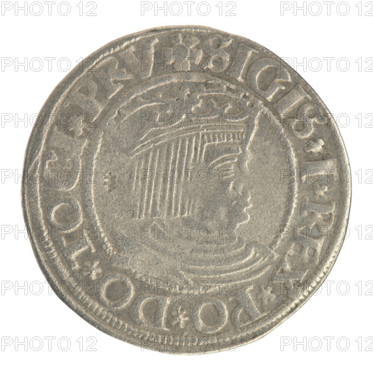 Gdansk grosz, Sigismund I the Old (King of Poland; 1506–1548). Obverse: Crowned male bust in profile turned to the right; in the rim between pearly borders an inscription: .SIGIS.I.REX.PO.DO.TOCI.PRV. Reverse: Coat of arms of Gdansk; in the rim between the pearl borders the inscription: .GROSSVS.CIVI.DANCZ.153Z. Date: 1532. Medium: coin. Place: Gdansk, Poland. Diameter: 22.7–23.0 mm. Weight: 1.94 g. Subjects/styles: Polish coins; Jagiellonians (dynasty); royal/male bust iconography; city coat of arms.