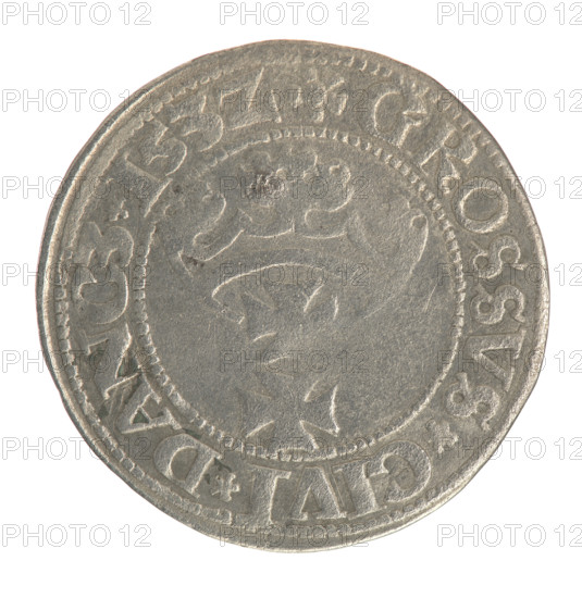 Gdansk grosz, Sigismund I the Old (King of Poland; 1506–1548). Obverse: Crowned male bust in profile turned to the right; in the rim between pearly borders an inscription: .SIGIS.I.REX.PO.DO.TOCI.PRV. Reverse: Coat of arms of Gdansk; in the rim between the pearl borders the inscription: .GROSSVS.CIVI.DANCZ.153Z. Date: 1532. Material: coin. Place: Gdansk, Poland. Diameter: 22.7–23.0 mm. Weight: 1.94 g. Iconography: royal/male bust, city coat of arms.