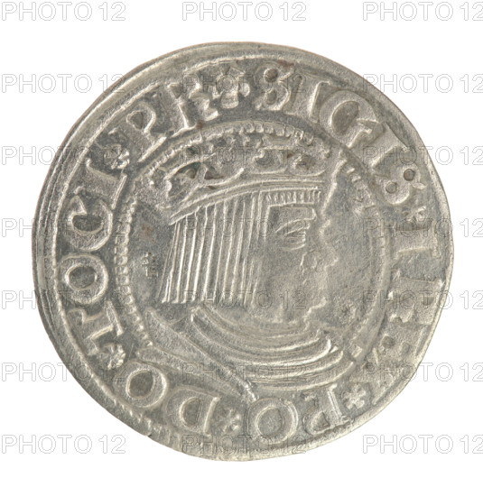 Gdansk grosz, Sigismund I the Old (King of Poland; 1506–1548). Obv.: Crowned male bust in profile turned to the right; in the rim between pearl-shaped borders an inscription: .SIGIS.I.REX.PO.DO.TOCI.PR. Rev.: Coat of arms of Gdansk; in the rim between pearl-shaped borders inscription: .GROSSVS.CIVI.DANCZ.153Z. Date: 1532. Poland, Gdansk. Coin; diameter 22.4–22.6 mm; weight 1.97 g. Subjects: Polish coins; Jagiellonians (dynasty); royal/male busts; city coats of arms; iconography of Sigismund I the Old.