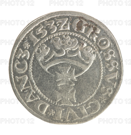 Gdansk grosz, Sigismund I the Old (King of Poland; 1506–1548). Obv.: Crowned male bust in profile turned to the right; in the rim between pearl-shaped borders an inscription: .SIGIS.I.REX.PO.DO.TOCI.PR. Rev.: Coat of arms of Gdansk; in the rim between pearl-shaped borders an inscription: .GROSSVS.CIVI.DANCZ.153Z. Date: 1532. Material: coin. Diameter: 22.4–22.6 mm. Weight: 1.97 g. Subject/style: Polish coin, Jagiellonian dynasty; royal/male bust; city coat of arms.
