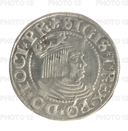 Gdansk grosz, Sigismund I the Old (King of Poland; 1506–1548). Obv.: Crowned male bust in profile turned to the right; in the rim between pearly borders an inscription: .SIGIS.I.REX.PO.DO.TOCI.PR. Rev.: Coat of arms of Gdansk; in the rim between pearly borders the inscription: .GROSSVS.CIVI.DANCZ.153Z. Date: 1532. Poland, Gdansk. Coin. Diameter 22.0–22.6 mm. Weight 1.85 g.