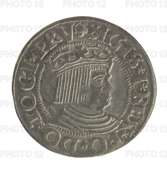Gdansk grosz, Sigismund I the Old (King of Poland; 1506–1548). Obverse: Crowned male bust in profile turned to the right; in the rim between pearly borders the inscription '.SIGIS.I.REX.PO.DO.TOCI.PRV'. Reverse: Coat of arms of Gdansk; in the rim between pearly borders the inscription '.GROSSVS.CIVI.DANCZ.1533'. Date: 1533. Material: coin (Poland, Gdansk). Diameter: 22.0–22.3 mm. Weight: 1.69 g.
