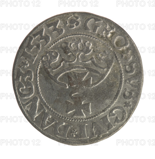 Gdansk grosz, Sigismund I the Old (King of Poland; 1506–1548). Obverse: Crowned male bust in profile turned to the right; in the rim between pearly borders inscription: .SIGIS.I.REX.PO.DO.TOCI.PRV. Reverse: Coat of arms of Gdansk; in the rim between the pearl borders inscription: .GROSSVS.CIVI.DANCZ.1533. Date: 1533. Poland, Gdansk. Coin. Diameter 22.0–22.3 mm. Weight 1.69 g.