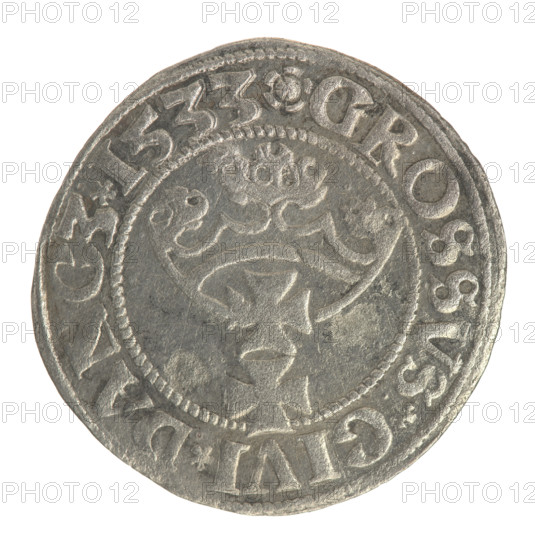 Gdansk grosz, Sigismund I the Old (King of Poland; 1506–1548). Obv.: Crowned male bust in profile turned to the right; in the rim between pearly borders an inscription: .SIGIS.I.REX.PO.DO.TOCI.P. Rev.: Coat of arms of Gdansk; in the rim between the pearly borders the inscription: .GROSSVS.CIVI.DANCZ.1533. Date: 1533. Material: coin (Poland, Gdansk). Diameter: 22.6–23.0 mm. Weight: 1.85 g. Keywords: Polish coins; Jagiellonians (dynasty); royal/male bust; Sigismund I the Old — iconography; city coats of arms (Gdansk).