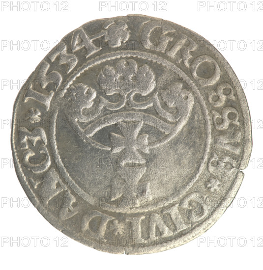 Gdansk grosz, Sigismund I the Old (King of Poland; 1506–1548). Polish coin, 1534. Obverse: Crowned male bust in profile turned to the right; in the rim between pearly borders an inscription: .SIGIS.I.REX.PO.DO.TOCI.P. Reverse: Coat of arms of Gdansk; in the rim between pearl borders the inscription: .GROSSVS.CIVI.DANCZ.1534. Diameter 22.0–22.3 mm; weight 1.32 g.