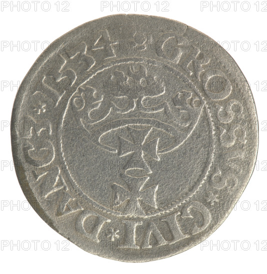 Gdansk grosz, Sigismund I the Old (King of Poland; 1506–1548). Jagiellonian period coin. Obverse: Crowned male bust in profile turned to the right; in the rim between pearly borders an inscription: .SIGIS.I.REX.PO.DO.TOCI.PRV. Reverse: Coat of arms of Gdansk; in the rim between the pearl borders the inscription: .GROSSVS.CIVI.DANCZ.1534. Date: 1534. Poland, Gdansk. Coin. Diameter 22.5–22.7 mm. Weight 1.79 g.