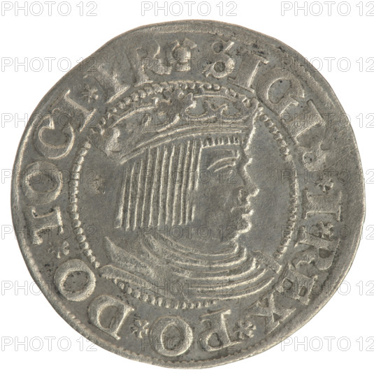 Gdansk grosz, Sigismund I the Old (King of Poland; 1506–1548). Polish coin, 1534. Obverse: Crowned male bust in profile turned to the right; in the rim between pearl borders an inscription: .SIGIS.I.REX.PO.DO.TOCI.PR. Reverse: Coat of arms of Gdansk; in the rim between pearl borders the inscription: .GROSSVS.CIVI.DANCZ.1534. Diameter c. 22.4–23.0 mm; weight 1.99 g. Subjects: Jagiellonian dynasty, royal/male bust iconography.