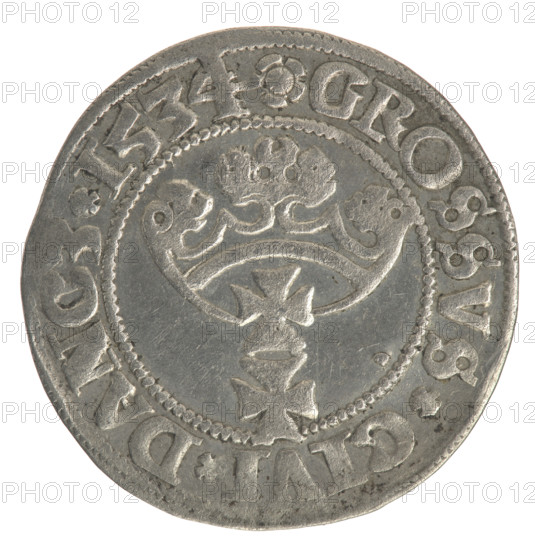 Gdansk grosz, Sigismund I the Old (King of Poland; 1506–1548). Obverse: Crowned male bust in profile facing right; in rim between pearly borders inscription: .SIGIS.I.REX.PO.DO.TOCI.PR. Reverse: Coat of arms of Gdansk; in rim between pearly borders inscription: .GROSSVS.CIVI.DANCZ.1534. Date: 1534. Material: coin (Poland, Gdansk). Diameter: 22.4–23.0 mm. Weight: 1.99 g. Subjects/styles: Polish coins; Jagiellonians dynasty; royal/male bust iconography; city coat of arms.
