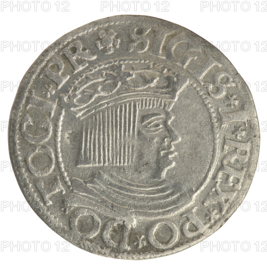 Gdansk grosz, Sigismund I the Old (King of Poland; 1506–1548). Obv.: Crowned male bust in profile turned to the right; in the rim between pearly borders an inscription: .SIGIS.I.REX.PO.DO.TOCI.PR. Rev.: Coat of arms of Gdansk; in the rim between the pearl borders the inscription: .GROSSVS.CIVI.DANCZ.1534. Date: 1534. Poland, Gdansk. Coin. Diameter 22.2–23.0 mm. Weight 1.87 g.