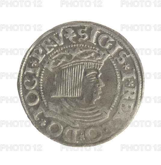 Gdansk grosz, Sigismund I the Old (King of Poland; 1506–1548). Obverse: Crowned male bust in profile turned to the right; in the rim between pearly borders an inscription: .SIGIS.I.RE O.DO.TOCI.PRV. Reverse: Coat of arms of Gdansk; in the rim between pearly borders inscription: GROSSVS. I.DANCZ. 1535. Date: 1535. Poland, Gdansk. Coin; diameter 22.5–22.7 mm; weight 1.97 g. Jagiellonian era; royal male bust iconography.