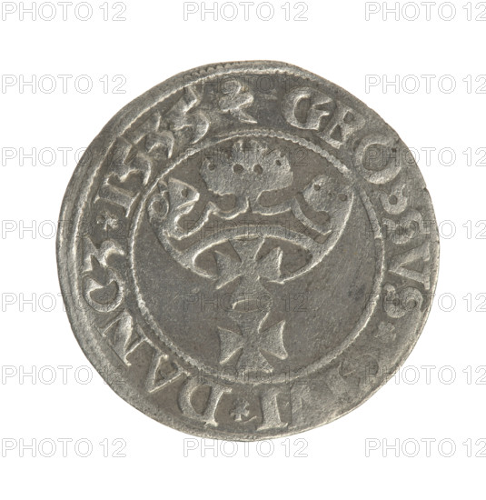 Gdansk grosz, Sigismund I the Old (King of Poland; 1506–1548). Obv.: Crowned male bust in profile turned to the right; in the rim between pearly borders inscription: .SIGIS.I.RE, O.DO.TOCI.PRV. Rev.: Coat of arms of Gdansk; in the rim between pearly borders inscription: GROSSVS., I.DANCZ.1535. Date: 1535. Poland, Gdansk. Coin; diameter 22.5–22.7 mm; weight 1.97 g. Subjects: Polish coins; Jagiellonians (dynasty); royal/male busts; city coats of arms; iconography of Sigismund I the Old.