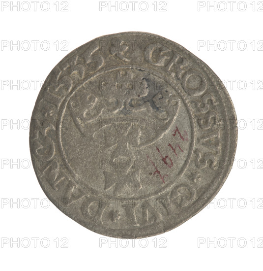 Gdansk grosz, Sigismund I the Old (King of Poland; 1506–1548). Obverse: Crowned male bust in profile turned to the right; in the rim between pearl borders inscription: .SIGIS.I.REX.PO.DO.TOCI.PRV Reverse: Coat of arms of Gdansk; in the rim between pearl borders inscription: .GROSSVS.CIVI.DANCZ.1535. Date: 1535. Poland, Gdansk. Coin; diameter 22.4–22.9 mm; weight 1.72 g. Subjects/styles: Jagiellonians dynasty, royal/male busts, city coats of arms.