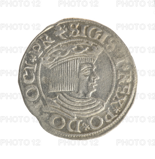 Gdansk grosz, Sigismund I the Old (King of Poland; 1506–1548). Obverse: Crowned male bust in profile turned to the right; in the rim between pearly borders an inscription: SIGI .REX.PO.DO. OCI.PR. Reverse: Coat of arms of Gdansk; in the rim between pearly borders an inscription with pearl borders: SSVS.CIVI. NCZ.1535. Date: 1535. Poland, Gdansk. Coin. Diameter 21.6–23.0 mm. Weight 1.9 g. Jagiellonian dynasty; royal male bust; iconography of Sigismund I the Old.