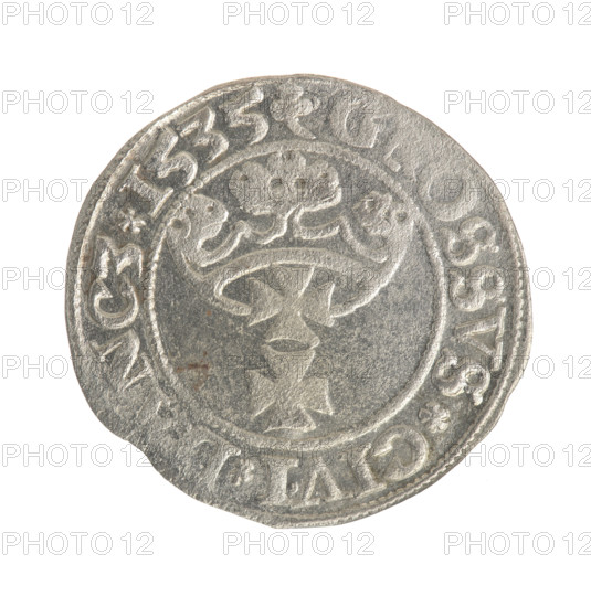 Gdansk grosz, Sigismund I the Old (King of Poland; 1506–1548). Obverse: Crowned male bust in profile turned to the right; in the rim between pearly borders an inscription: SIGI. REX. PO. DO. OCI.PR. Reverse: Coat of arms of Gdansk; in the rim between pearly borders inscription: SSVS. CIVI. NCZ. 1535. Date: 1535. Poland, Gdansk. Coin. Diameter 21.6–23.0 mm. Weight 1.9 g. Subjects: Polish coins; Jagiellonians (dynasty); male/royal bust; city coat of arms.