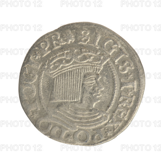 Gdansk grosz, Sigismund I the Old (King of Poland; 1506–1548). Obverse: Crowned male bust in profile turned to the right; in the rim between pearl-shaped borders an inscription: .SIGIS.I.REX.PO.DO.TOCI.PR. Reverse: Coat of arms of Gdansk; in the rim between pearl-shaped borders an inscription: .GROSSVS.CIVI.DANCZ.1535. Date: 1535. Poland, Gdansk. Coin. Diameter: 22.1–22.7 mm. Weight: 1.7 g. Subjects: male/royal bust, city coat of arms; dynasty: Jagiellonians.