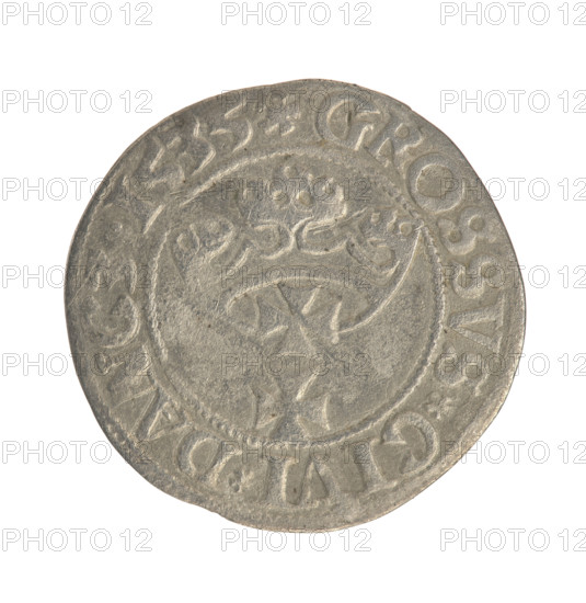 Gdansk grosz, Sigismund I the Old (King of Poland; 1506–1548). Obv.: Crowned male bust in profile turned to the right; in the rim between pearl-shaped borders an inscription: .SIGIS.I.REX.PO.DO.TOCI.PR. Rev.: Coat of arms of Gdansk; in the rim between pearl-shaped borders an inscription: .GROSSVS.CIVI.DANCZ.1535. 1535. Poland, Gdansk. Coin. Diameter 22.1–22.7 mm. Weight 1.7 g. Jagiellonians (dynasty); male royal bust; iconography of Sigismund I the Old.
