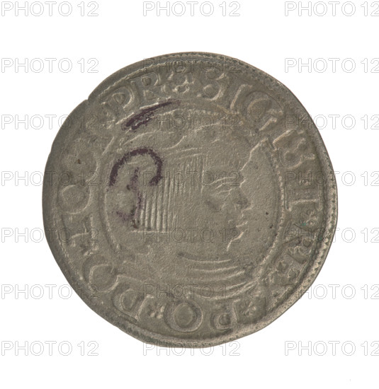 Gdansk grosz, Sigismund I the Old (King of Poland; 1506–1548). Obverse: Crowned male bust in profile turned to the right; in the rim between pearl borders inscription: .SIGIS.I.REX.PO.DO.TOCI.PR Reverse: Coat of arms of Gdansk; in the rim between pearl borders inscription: .GROSSVS.CIVI.DANCZ.1535. Date: 1535. Poland, Gdansk. Coin; diameter 22.2–22.7 mm, weight 1.77 g.