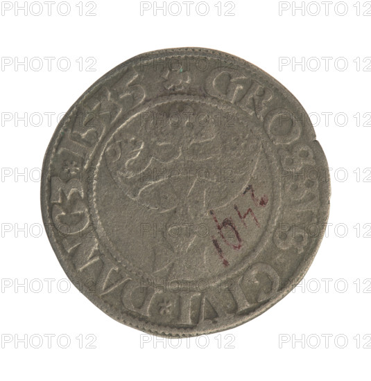 Gdansk grosz, Sigismund I the Old (King of Poland; 1506–1548). Obverse: Crowned male bust in profile turned to the right; in the rim between pearl borders inscription: .SIGIS.I.REX.PO.DO.TOCI.PR. Reverse: Coat of arms of Gdansk; in the rim between pearl borders inscription: .GROSSVS.CIVI.DANCZ.1535. Date: 1535. Poland, Gdansk. Coin; diameter 22.2–22.7 mm; weight 1.77 g.