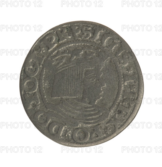 Gdansk grosz, Sigismund I the Old (King of Poland; 1506–1548). Jagiellonian-era Polish coin (1535). Obverse: crowned male/royal bust in profile turned right; rim inscription: .SIGIS.I.REX.PO.DO.TOCI.PR. Reverse: coat of arms of Gdansk; rim inscription: .GROSSVS.CIVI.DANCZ.1535. Coin (Gdansk, Poland), diameter c. 21.8–22.5 mm, weight 1.8 g.