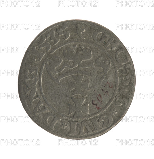 Gdansk grosz, Sigismund I the Old (King of Poland; 1506–1548). Jagiellonian-era Polish coin, 1535. Obverse: crowned male bust in profile facing right; rim between pearly borders with inscription '.SIGIS.I.REX.PO.DO.TOCI.PR'. Reverse: coat of arms of Gdansk; rim between pearly borders with inscription '.GROSSVS.CIVI.DANCZ.1535'. Coin from Gdansk, Poland. Diameter ca. 21.8–22.5 mm; weight 1.8 g.