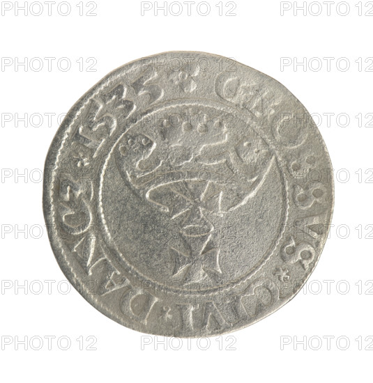 Gdansk grosz, Sigismund I the Old (King of Poland; 1506–1548). Obverse: Crowned male bust in profile turned to the right; in the rim between pearly borders an inscription: .SIGIS.I.REX.PO.DO.TOCI.PR. Reverse: Coat of arms of Gdansk; in the rim between the pearl borders the inscription: G.OSSVS.CIVI.DANCZ.1535. Date: 1535. Poland, Gdansk. Coin; diameter 22.3–22.5 mm, weight 1.75 g.