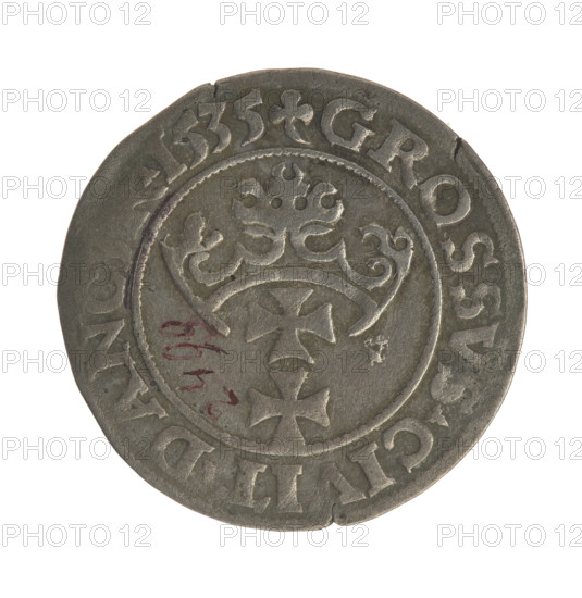 Gdansk grosz, Sigismund I the Old (King of Poland; 1506–1548). Polish coin, 1535. Obverse: Crowned male bust in profile turned to the right; in rim between pearl borders inscription: .SIG. .I.REX.POLO.DO.TO.PRVS. Reverse: Coat of arms of Gdansk; in rim between pearly borders inscription: .GROSSVS.CIVIT.DANC. .1535. Jagiellonian period; royal/male bust iconography, city coat of arms. Diameter 22.7–23.0 mm; weight 2 g.