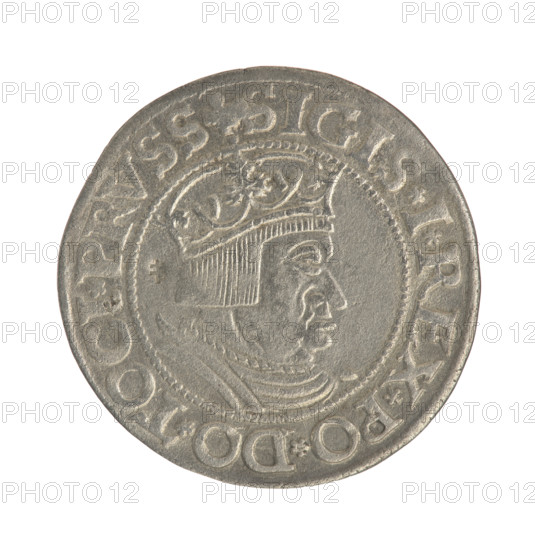 Gdansk grosz, Sigismund I the Old (King of Poland; 1506–1548). Polish coin, 1535. Obverse: Crowned male (royal) bust in profile turned to the right; in the rim between pearly borders an inscription: .SIGIS.I.REX.PO.DO.TOCI.PRVSS. Reverse: Coat of arms of Gdansk; in the rim between pearly borders the inscription: GROSSVS.CIVIT.DANCZK.1535. Diameter 22.6–22.8 mm; weight 1.85 g. Jagiellonian dynasty; male/royal bust iconography.