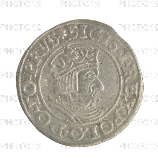 Gdansk grosz, Sigismund I the Old (King of Poland; 1506–1548). Obverse: Crowned male bust in profile turned to the right; in the rim between pearly borders an inscription: .SIGIS.I.REX.POLO.DO.TO.PRVS. Reverse: Coat of arms of Gdansk; in the rim between pearl borders the inscription: .GROSSVS.CIVIT.DANCZK.1535. Date: 1535. Poland, Gdansk. Coin; diameter ca. 22.6–23.3 mm; weight 1.84 g. Subjects/styles: Polish coins; Jagiellonian dynasty; royal/male bust iconography; city coats of arms; Sigismund I the Old — iconography.