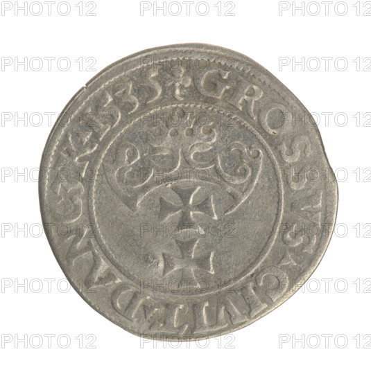 Gdansk grosz, Sigismund I the Old (King of Poland; 1506–1548). Obv.: Crowned male bust in profile turned to the right; in the rim between pearly borders an inscription: .SIGIS.I.REX.POLO.DO.TO.PRVS. Rev.: Coat of arms of Gdansk; in the rim between pearl borders the inscription: .GROSSVS.CIVIT.DANCZK.1535. Date: 1535. Poland, Gdansk. Coin; diameter 22.6–23.3 mm, weight 1.84 g. Subjects/styles: Jagiellonians dynasty; royal/male bust iconography; city coats of arms.