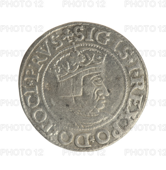 Gdansk grosz, Sigismund I the Old (King of Poland; 1506–1548). Obv.: Crowned male bust in profile turned to the right; in the rim between pearly borders an inscription: .SIGIS.I.REX.PO.DO.TOCI.PRVS. Rev.: Coat of arms of Gdansk; in the rim between pearl borders the inscription: GROSSVS.CIVIT.DANCZK.1535. Date: 1535. Poland, Gdansk. Coin. Diameter 22.5–22.7 mm. Weight 1.82 g. Subjects: Polish coins; Jagiellonians (dynasty); male/royal bust; city coats of arms; Sigismund I iconography.