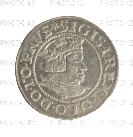 Gdansk grosz, Sigismund I the Old (King of Poland; 1506–1548). Obverse: Crowned male bust in profile turned to the right; in the rim between pearly borders an inscription: .SIGIS.I.REX.POLO.DO.TO.PRVS. Reverse: Coat of arms of Gdansk; in the rim between pearl borders the inscription: .GROSSVS.CIVI., NCZK.1535. Date: 1535. Poland, Gdansk. Coin; diameter 22.1–22.5 mm; weight 1.94 g. Subjects/styles: Polish coin, Jagiellonians dynasty, royal/male bust iconography, city coat of arms.