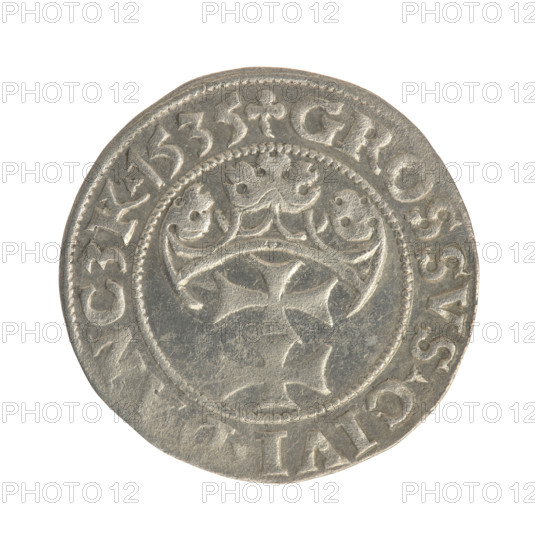 Gdansk grosz, Sigismund I the Old (King of Poland; 1506–1548). Obverse: Crowned male bust in profile turned to the right; in the rim between pearly borders an inscription: .SIGIS.I.REX.POLO.DO.TO.PRVS. Reverse: Coat of arms of Gdansk; in the rim between pearl borders the inscription: .GROSSVS.CIVI., NCZK.1535. Date: 1535. Poland, Gdansk. Coin. Diameter 22.1–22.5 mm. Weight 1.94 g. Subjects: Polish coins; Jagiellonians (dynasty); male/royal bust; Sigismund I iconography; city coats of arms.