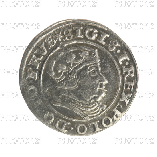 Gdansk grosz, Sigismund I the Old (King of Poland; 1506–1548). Obverse: Crowned male bust in profile turned to the right; rim between pearly borders with inscription 'SIGIS.I.REX.POLO.DO., .PRV'. Reverse: Coat of arms of Gdansk; rim between pearly borders with inscription 'GROSSVS.CIVI.G' and date '1540'. Polish coin, Jagiellonian dynasty iconography; royal/male bust. Diameter ca. 21.8–22.5 mm; weight 1.99 g.