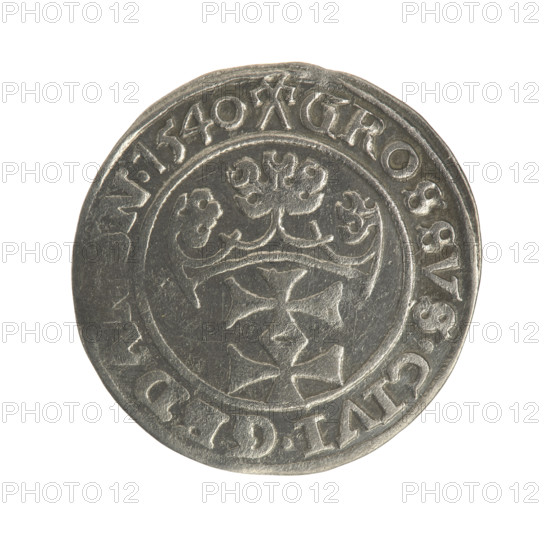 Gdansk grosz, Sigismund I the Old (King of Poland; 1506–1548). Obverse: Crowned male bust in profile turned to the right; rim between pearly borders inscription 'SIGIS.I.REX.POLO.DO., .PRV'. Reverse: Coat of arms of Gdansk; rim between pearly borders inscription 'GROSSVS.CIVI.G', 'N.1540', dated 1540. Polish coin, Jagiellonian dynasty; royal/male bust iconography. Diameter 21.8–22.5 mm; weight 1.99 g.