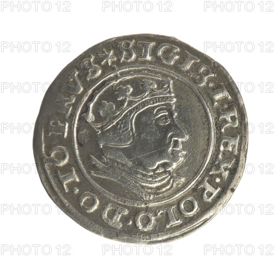 Gdansk grosz, Sigismund I the Old (King of Poland; reign 1506–1548). Obverse: Crowned male bust in profile turned to the right; in the rim between pearly borders an inscription: .SIGIS.I.REX.POLO.DO.TO.PRVS. Reverse: Coat of arms of Gdansk; in the rim between the pearly borders the inscription: .ROSSVS.CIVI.GEDANEN.1540. Date: 1540. Material: coin (Poland, Gdansk). Diameter: 22.4–22.8 mm. Weight: 2.02 g. Iconography: royal bust, city coat of arms; Jagiellonian dynasty.
