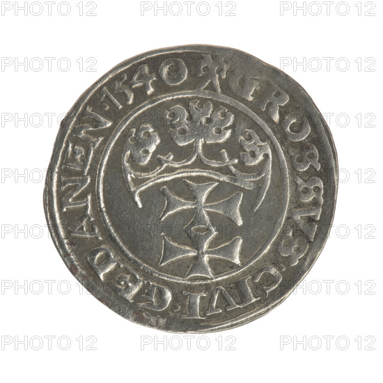 Gdansk grosz, Sigismund I the Old (King of Poland; 1506–1548). Obv.: Crowned male bust in profile turned to the right; in the rim between pearly borders an inscription: .SIGIS.I.REX.POLO.DO.TO.PRVS. Rev.: Coat of arms of Gdansk; in the rim between the pearly borders the inscription: ROSSVS.CIVI.GEDANEN.1540. Date: 1540. Material: coin (Poland, Gdansk). Diameter: 22.4–22.8 mm. Weight: 2.02 g. Iconography: male/royal busts, Jagiellonian dynasty.