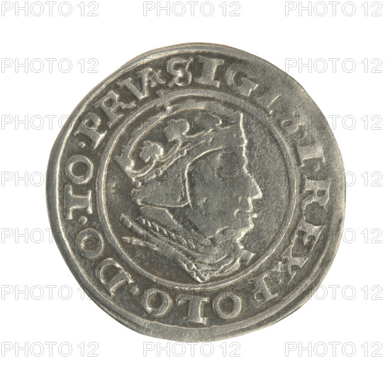 Gdansk grosz, Sigismund I the Old (King of Poland; 1506–1548). Obverse: Crowned male bust in profile turned to the right; in the rim between pearl-shaped borders an inscription: SIGIS.I.REX.POLO.DO.TO.PRV. Reverse: Coat of arms of Gdansk; in the rim between pearl-shaped borders an inscription: .GRO, IVI.GEDANEN.1540. Date: 1540. Poland, Gdansk. Coin. Diameter 22.4–22.9 mm. Weight 1.79 g. Subjects: Polish coins; Jagiellonian dynasty; royal/male bust; Gdansk (coat of arms). Iconography: Sigismund I the Old (1467–1548).