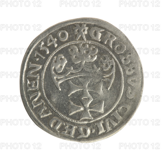 Gdansk grosz, Sigismund I the Old (King of Poland; 1506–1548). Obverse: Crowned male bust in profile turned to the right; rim between pearl-shaped borders inscription: SIGIS.I.REX.POLO.DO.TO.PRV. Reverse: Coat of arms of Gdansk; rim between pearl-shaped borders inscription: .GRO, IVI.GEDANEN.1540. Date: 1540. Material: coin (Poland, Gdansk). Diameter: 22.4–22.9 mm. Weight: 1.79 g. Subjects: Jagiellonians dynasty; royal/male bust; city coat of arms.