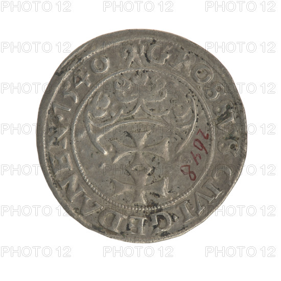 Gdansk grosz, Sigismund I the Old (King of Poland; 1506–1548). Obv.: Crowned male bust in profile turned to the right; in the rim between pearly borders an inscription: .SIGIS.I.REX.POLO.DO.TO.PRVS. Rev.: Coat of arms of Gdansk; in the rim between pearly borders the inscription: GROSSVS.CIVI.GEDANEN.1540. 1540. Poland, Gdansk. Coin. Jagiellonian period; royal male bust iconography. Diameter 22.4–22.6 mm; weight 1.9 g.