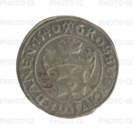 Gdansk grosz, Sigismund I the Old (King of Poland; 1506–1548). Obv.: Crowned male bust in profile turned to the right; in the rim between pearly borders an inscription: .SIGIS.I.REX.POLO.DO.TO.PRVS. Rev.: Coat of arms of Gdansk; in the rim between pearly borders the inscription: GROSSVS.CIVI.GEDANEN.1540. 1540. Poland, Gdansk. Coin; diameter 22.4 mm; weight 2 g. Subjects: Polish coins; Jagiellonians dynasty; royal/male busts; Sigismund I the Old — iconography.