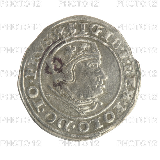 Gdansk grosz, Sigismund I the Old (King of Poland; 1506–1548). Obverse: Crowned male bust in profile turned to the right; in the rim between pearly borders inscription: .SIGIS.I.REX.POLO.DO.TO.PRVSS. Reverse: Coat of arms of Gdansk; in the rim between pearl borders inscription: .GROSSVS.CIVI.GEDANEN.1540. Date: 1540. Materials/format: coin from Gdansk, Poland. Diameter: 22.4–23.3 mm. Weight: 1.97 g. Subjects/styles: royal bust, male bust; Jagiellonian dynasty; city coat of arms; iconography of Sigismund I the Old.