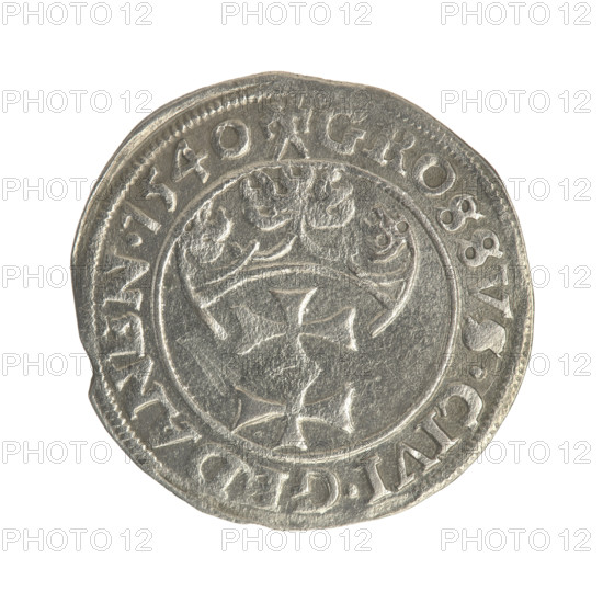 Gdansk grosz, Sigismund I the Old (King of Poland; 1506–1548). Obverse: Crowned male bust in profile turned to the right; in the rim between pearly borders an inscription: .SIGIS.I.REX.POLO.DO.TO.PRVSS. Reverse: Coat of arms of Gdansk; in the rim between the pearly borders the inscription: .GROSSVS.CIVI.GEDANEN.1540. Date: 1540. Place: Poland, Gdansk. Medium: coin. Diameter: 22.4–23.3 mm. Weight: 1.97 g. Subjects/styles: Jagiellonians (dynasty), royal bust, city coats of arms, male busts.