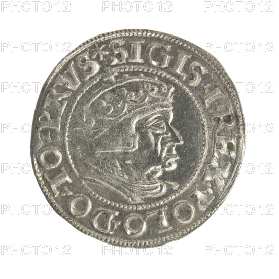 Gdansk grosz, Sigismund I the Old (King of Poland; 1506–1548). Obverse: Crowned male bust in profile turned to the right; in the rim between pearly borders an inscription: .SIGIS.I.REX.POLO.DO.TO.PRVS. Reverse: Coat of arms of Gdansk; in the rim between pearl borders the inscription: .GROSS.CIVI.GEDANENS.1548. Date: 1548. Poland, Gdansk. Coin. Diameter 22.6–23.2 mm. Weight 2 g. Subjects: Polish coins; Jagiellonians (dynasty); royal/male bust; city coat of arms; iconography of Sigismund I the Old (1467–1548).